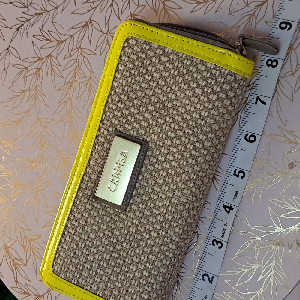 Carpisa Wallet. New Without Tags. Neon Yellow Patent Trim. Body Tan/White Weave. - Picture 5 of 6